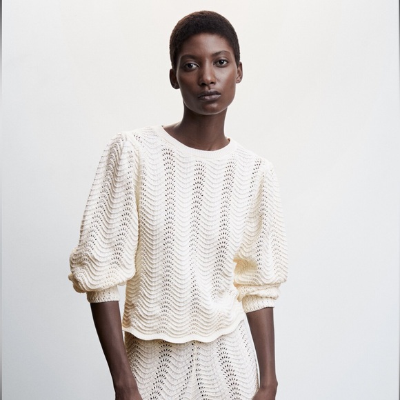Mango Sweaters - Mango Women’s Cream and White Puff Sleeve Knitted Sweater